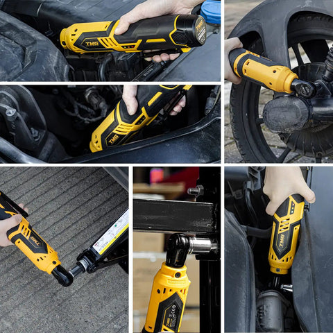 Cordless Electric Ratchet Wrench Set Workhorse For Auto Repair And Diy Projects Three Eighths Inch 40 Ft Lbs Torque 230 RPM used in various tasks.