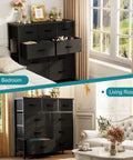 Dope Nine Drawer Black Dresser For Bedroom And Closet Organizer With Solid Multifunctional Storage Tower, showcasing usage in bedroom and living room.