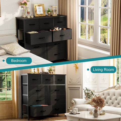Dope Nine Drawer Black Dresser For Bedroom And Closet Organizer With Solid Multifunctional Storage Tower, showcasing usage in bedroom and living room.