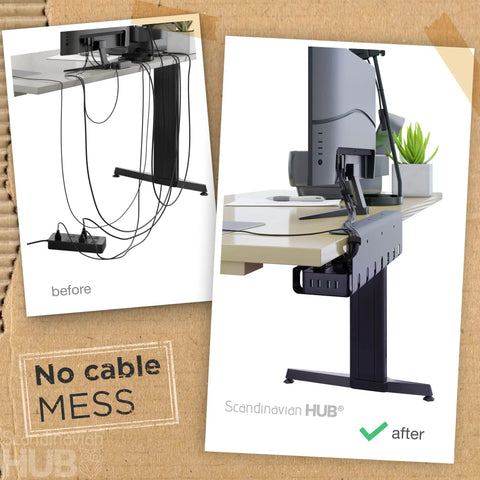 Under Desk Cable Management Kit Set Of 2 With Ducts And Tray For Desk Organization, showing before and after cable arrangement