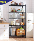 Five Tier Adjustable Narrow Storage Shelves For Kitchen, Heavy Duty Metal Rack With 1010 Lbs Load Capacity, black metal rack in kitchen