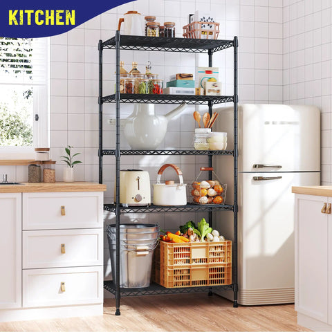 Five Tier Adjustable Narrow Storage Shelves For Kitchen, Heavy Duty Metal Rack With 1010 Lbs Load Capacity, black metal rack in kitchen