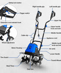 Powerful Corded Garden Tiller Cultivator With 14 Amp Motor, 18 Inch Till Width, showing labeled parts and features