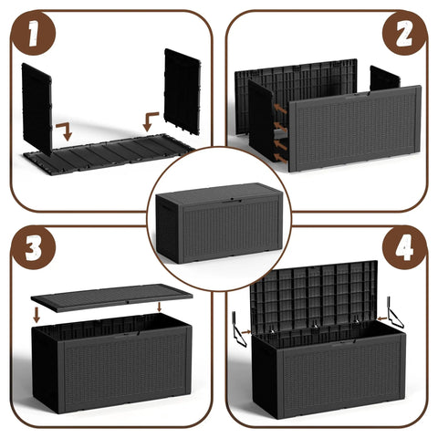 Assembly steps of 100 Gallon Outdoor Storage Box With Lockable Lid And Hydraulic Struts Resin Deck Box For Toys, Cushions, and Gear
