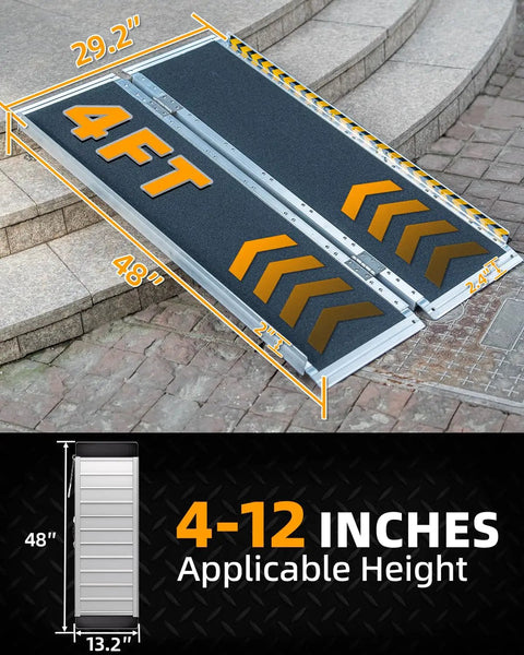 Premium 4 Foot Portable Wheelchair Ramp For Home Steps features non slip grip over steps with size dimensions and applicable height indication.