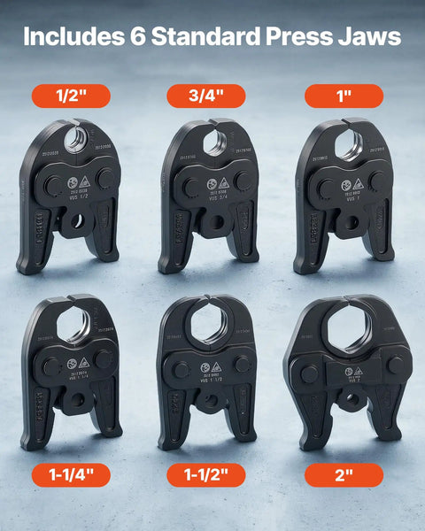 Includes six standard press jaws for VEVOR 18V Electric Pipe Press Tool, sizes from 1/2" to 2" for reliable copper crimping.