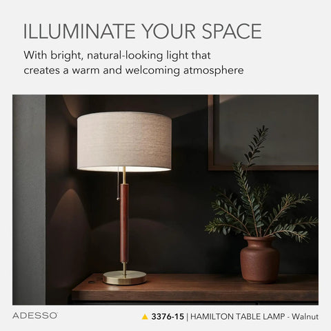 Hamilton Table Lamp With Walnut Eucalyptus Wood And Antique Brass Finish, 26.25 Inch Tall, Linen Shade, 100W Incandescent Or 26W CFL, Dope Modern Brown Desk Lamp For Living Room And Office