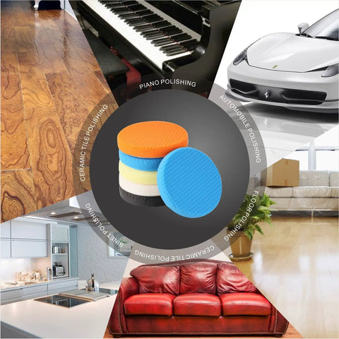 Five Piece Seven Point Five Inch Buffing Polishing Pad Kit for Car Buffer Polisher with Seven Inch Backing Plate and pads.