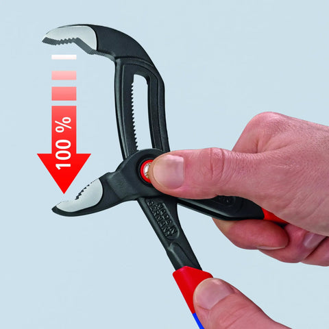 87 22 250 QuickSet Water Pump Pliers With Hightech Comfort Grip Locking Pliers For Tight Spaces 50mm Jaw Capacity 250mm Length Smooth Sliding Adjustment For One Hand Operation being used by a hand