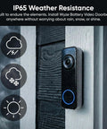 Battery Powered Video Doorbell Camera With 1-To-1 Head-To-Toe View, HD Plus 1536x1536, installed on a wall with raindrops