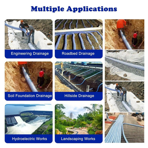 Image showing applications of Flexible Corrugated French Drain Pipe With Nonwoven Fabric And Steel Wire Permeable Garden Drain Hose.