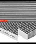 Close-up of activated carbon cabin air filter for Jeep Gladiator 2020-2022 and Wrangler 2018-2023 with air flow direction marking.