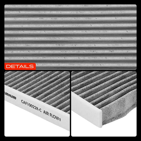 Close-up of activated carbon cabin air filter for Jeep Gladiator 2020-2022 and Wrangler 2018-2023 with air flow direction marking.
