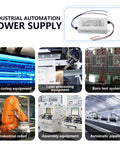 Plug And Play 24 Volt Dc Industrial Power Supply providing 12 Watt output shown powering various automation systems.