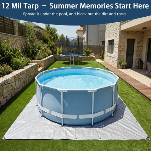 Above ground pool on Heavy Duty 12x16 Foot Waterproof Poly Tarp With Grommets And Reinforced Edges in backyard, 12 mil thick, silver tarp