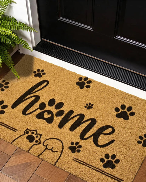 Front Door Mat 17x30 Welcome Mat With Paws Pattern, faux coir doormat at black door, paw prints and 'home' text