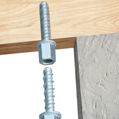 100 Piece Heavy Duty Zinc Steel Concrete Anchors, 3/8 Inch Threaded Rod With 1/4 Inch Diameter And 1-1/2 Inch Length securing wood to concrete.