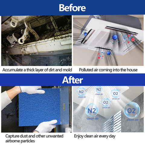 Comparison showing before and after effects of Reusable Air Filter 20x30 For HVAC And RV Cut To Fit With High Airflow MERV 6 Replacement For Furnace And Air Conditioner Washable 20x30x0.5 Inch Actual Size Keeps Dust Pollen And Allergens Out While Maximizing Airflow as it clears dirty air in HVAC system.