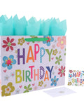 Sixteen Point Five Inch Extra Large Colorful Happy Birthday Gift Bag Set with Handles, Greeting Card, Tissue Paper, Stickers