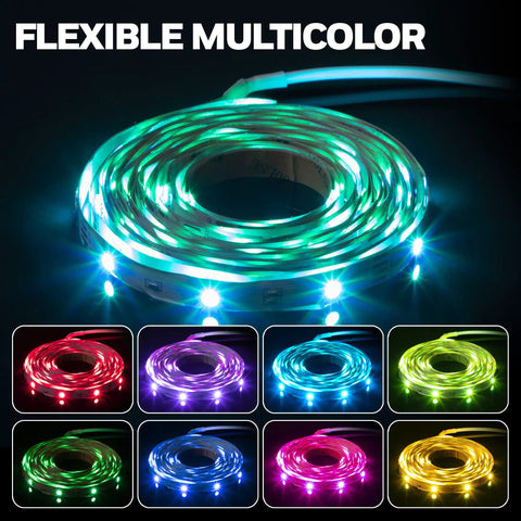 Color Changing RGB LED Strip Light 16.4 Ft With Motion Sensor And Remote displaying vibrant multicolor lights in coil.