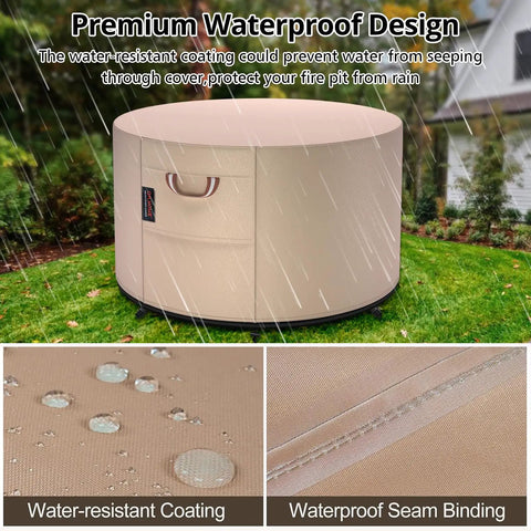 Beefy 36 Inch Round Fire Pit Cover Heavy Duty 900D Tear Resistant Waterproof UV Resistant Fade Resistant For Outdoor Fire Pits Up To 36 Inch Diameter 24 Inch High All Weather Protective Cover in rain showing water-resistant coating