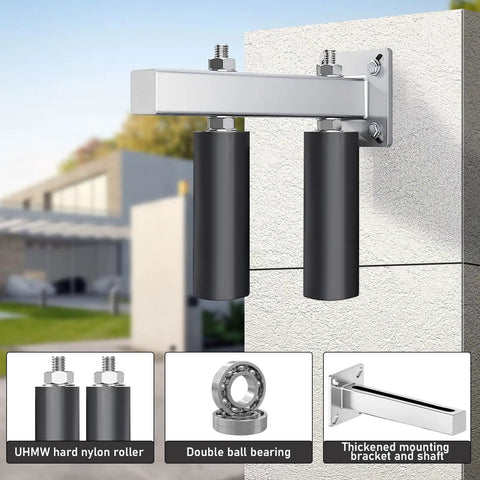 Six Inch Slide Gate Guide Roller with Adjustable UHMW Nylon Guider and Heavy Duty Steel Bracket Black Powder Coat installed outdoors