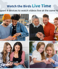 Groups of people using smartphones and tablets to watch live bird videos with Smart Bird Feeder With Camera, Solar Powered Outdoor Feeder With AI Bird Identification, 2.4Ghz WiFi, 2K Live Video, Instant Arrival Alerts, The Dope Gift For Women Who Love Backyard Birds.