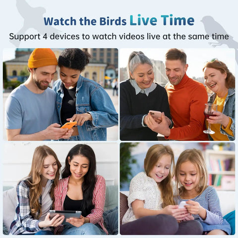 Groups of people using smartphones and tablets to watch live bird videos with Smart Bird Feeder With Camera, Solar Powered Outdoor Feeder With AI Bird Identification, 2.4Ghz WiFi, 2K Live Video, Instant Arrival Alerts, The Dope Gift For Women Who Love Backyard Birds.