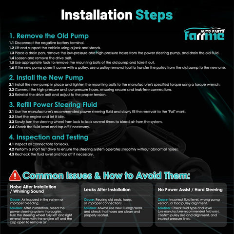 Installation steps for power steering pump replacement and common issues avoidance guide