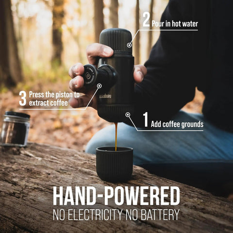 Person using Nanopresso Portable Espresso Maker With 18 Bar Pressure Manual Battery Free Travel Coffee Kit in forest setting