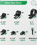 Clear size chart of Dope Cable Management Clips Kit With Nylon R Type Fasteners, showing 6 clamp sizes and M4 screws.