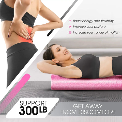 Woman using High Density EPP Foam Back Roller For Yoga And Pilates, 36 Inch Thick, Firm Deep Tissue Roller in Fuschia Rose