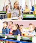 Children using 24 Pack Desk Name Plate Holders With Self-Adhesive Removable Grip And Built-In Pen Holder in classroom setting.