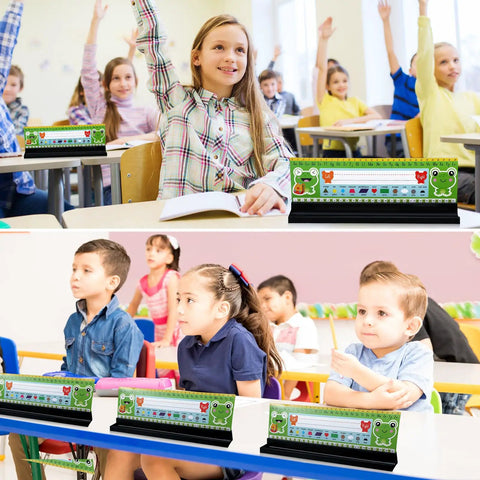 Children using 24 Pack Desk Name Plate Holders With Self-Adhesive Removable Grip And Built-In Pen Holder in classroom setting.