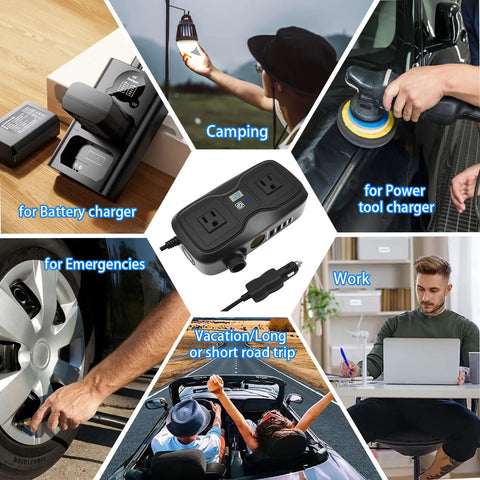 200W Car Power Inverter 12V Dc To 110V Ac With Dual Ac Outlets And Quad Usb Charging Ports Featuring Pd 20W Qc 3.0 Fast Charging and Cigarette Lighter Pass Through For Road Trips And Camping Game Changer used for camping and road trips, showcasing power options.