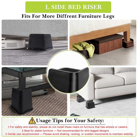 Heavy Duty Bed Riser Set 2 3 4 6 8 Inches Oversized Furniture Risers Built Tough That Lift Beds Couches Tables And Chairs Up To 6000 Lbs Per Riser Black 4 Pack For Bed Frame Dorm Room Home Office, shown supporting various furniture types.