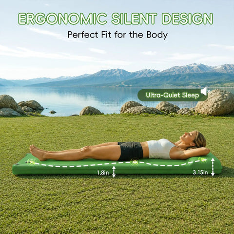 Person relaxing on Cloudlike Memory Foam Camping Sleeping Pad With Pillow, Foldable Self Inflating Mattress Pad outdoors by lake.