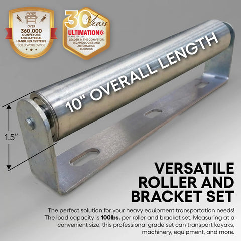 Tough 10 Inch Roller Bracket Set Galvanized Steel 1.5 Inch Diameter for transporting heavy loads smoothly.