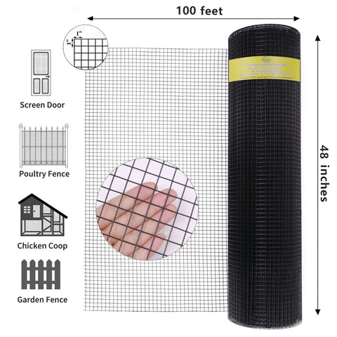 Heavy Duty Black Vinyl Coated 16 Gauge Hardware Cloth With One Inch Mesh Opening Forty Eight Inches Wide By One Hundred Feet Long displayed with dimensions.