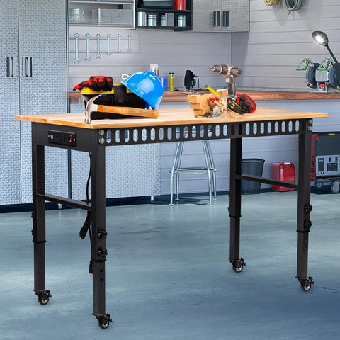 Heavy Duty 48 Inch Height Adjustable Workbench With Wheels And Socket 2000 Lbs Load Capacity Rubber Wood Top Hardwood Workstation