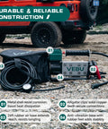 12V Tire Inflator With In Line Pressure Gauge, 125 PSI Fast Inflation placed on rocky ground with a Jeep in the background