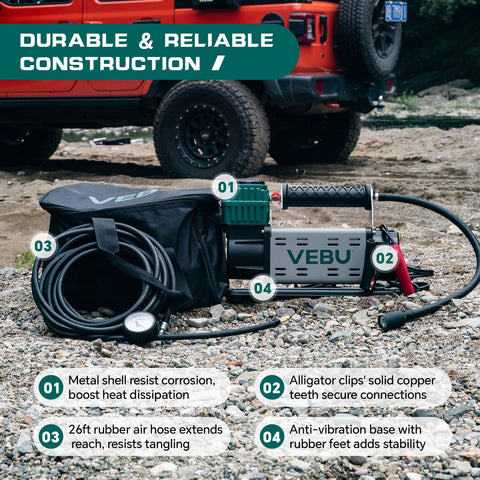 12V Tire Inflator With In Line Pressure Gauge, 125 PSI Fast Inflation placed on rocky ground with a Jeep in the background