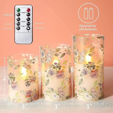 Pink Rose Flameless Candles Set Of 3 With Remote LED Glass Real Wax Look Romantic Date Night Vibes Home Wedding Bedroom Christmas Valentines Day Decor Safe Flame Free Ambience with remote control and floral design on each candle.