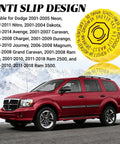 Dodge SUV in front of mountains; yellow brake fluid reservoir cap replacement for Jeep Wrangler 2001 to 2017, Dodge Journey 2009 to 2020, and Jeep Cherokee 2014 to 2020, OEM fit 4683656AB 5014518AA.
