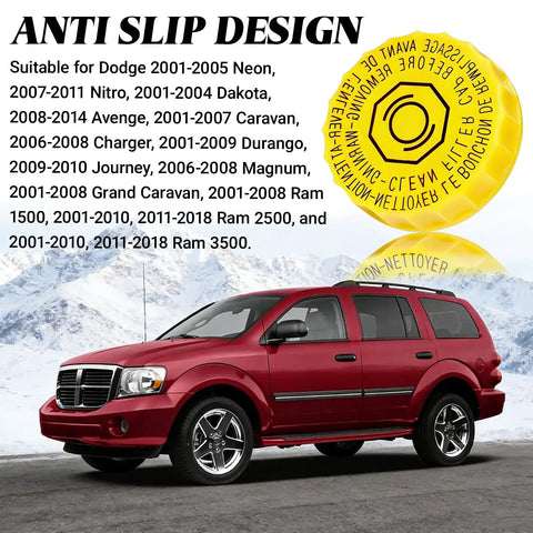 Dodge SUV in front of mountains; yellow brake fluid reservoir cap replacement for Jeep Wrangler 2001 to 2017, Dodge Journey 2009 to 2020, and Jeep Cherokee 2014 to 2020, OEM fit 4683656AB 5014518AA.