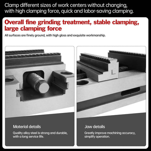 5 Axis CNC Vise Self Centering Fixture Clamp For Fast Centering In 3 4 5 Axis Machining High Precision 6 To 130 mm Clamping Range Detachable Jaws D52 Compatible ZF 90 150 Built Tough For Accurate Repeats with detailed close-up of jaws and material