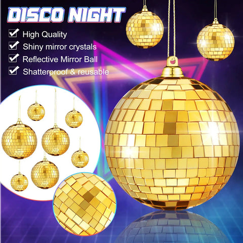 50 Piece Gold Mirror Ball Set For Home Decor Party Or Club Lighting Hanging Reflective Disco Balls In Various Sizes in use