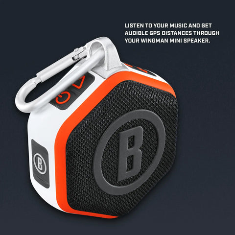 Wingman Mini GPS Speaker With Audible Distances, Ultra Portable Bluetooth Golf Speaker, Orange, Carabiner Clip, Close-Up View