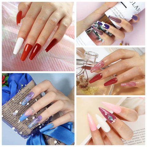 Collage of manicures from Gel Nail Polish Kit With UV Light And Drill, 53-Piece Set Featuring 35 Color Gel Polishes, nail art styles.