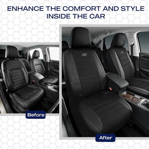 Air-Cooled Memory Foam Seat Covers With Mesh And Leather Trim For Front Seats, airbag compatible, installed before and after.